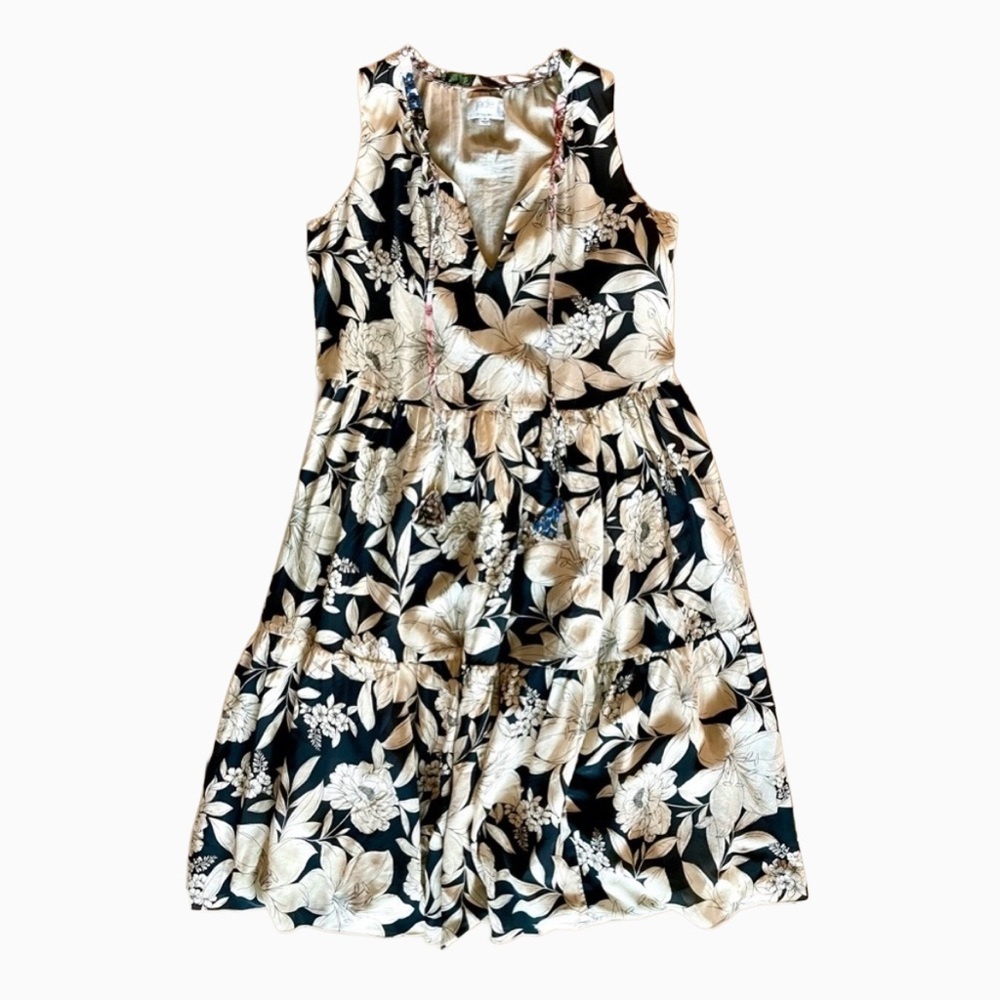 Johnny Was Jade Juliette Silk Floral Midi Dress M Black Beige - Picture 3 of 10